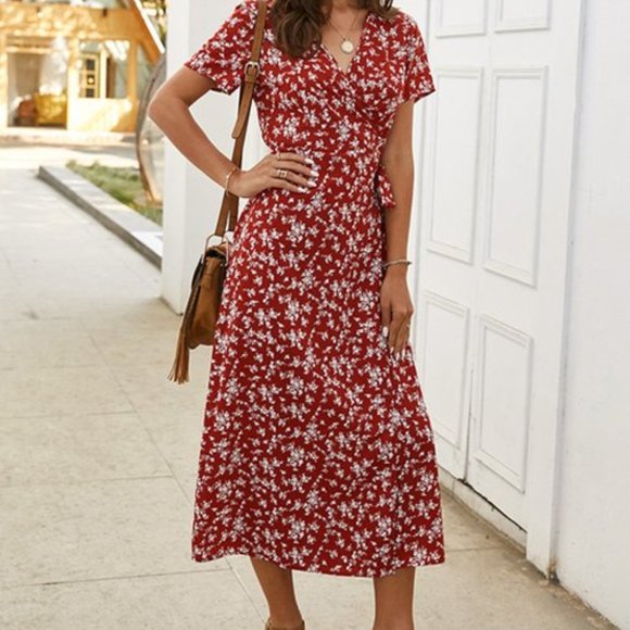 Gaovot Dresses & Skirts - LAST 1! NWT Red Floral Wrap Midi Dress Sz L